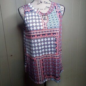 Rue Juju Blouse M Sleeveless Soft Stretchy Patterned Blue Orange